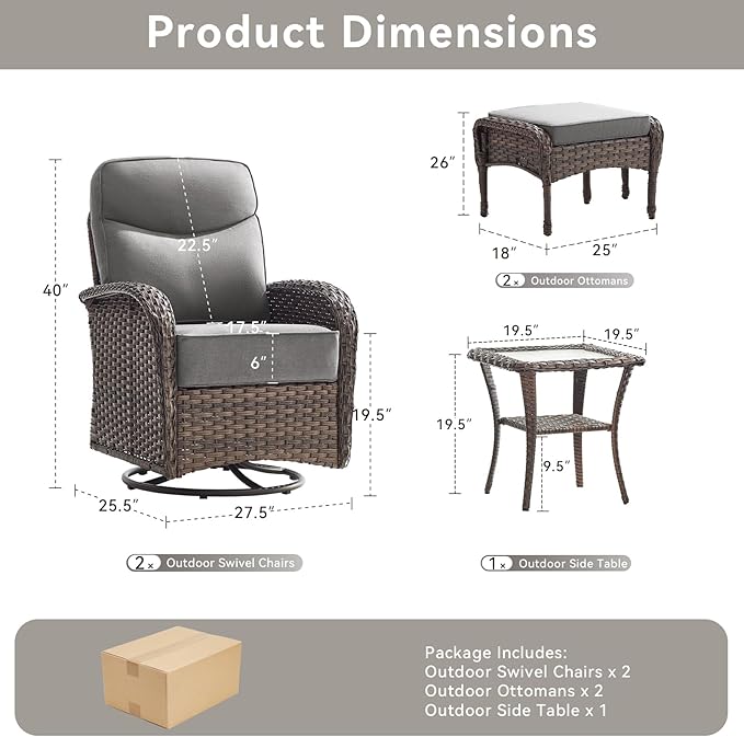 5 Pieces Luxury Patio Furniture Sets with 6-Inch Thick Cushions, High Back Swivel Outdoor Rocking Chairs Set of 2 with Multifunctional Ottoman, Wicker Conversation Set for Porch Garden, Gray
