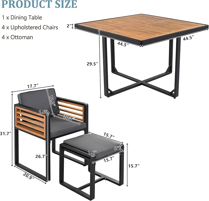 9-Piece Outdoor Patio Acacia Wood Dining Table Set, Square Table with 4 Cushioned Chairs& 4 Stools, All-Weather Resistant Conversation Set with Metal Frame, Space-Saving Design for 8 (Gray-1.8)