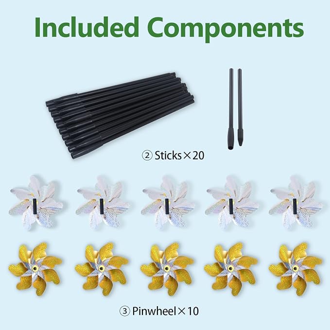 10 Pack Pre-Assembled Pinwheels for Yard and Garden, Gold/Silver | Wind Spinner Measures 19.7'' H x 6.8'' W, Reflective Surface Sparkles In Sunlight, Connect Stakes For Yard, Garden Or Lawn