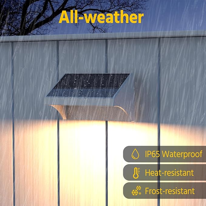 NIORSUN Outdoor Fence Lights, 6 Pack Waterproof LED Solar Fence Lights with 1500mAh Battery, Warm White/Cool White/RGB, Easy-to-Install Wall Light for Deck, Patio, Railing, Stairs, Backyard – White