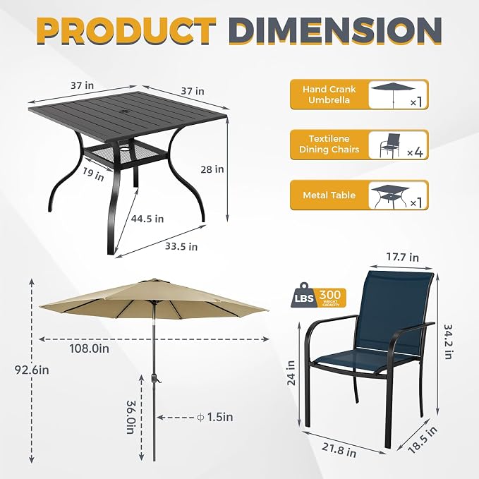 SUNCROWN 6 - Piece Outdoor Dining Set, Patio Furniture Set with 4 Textilene Dinning Chairs, 1 Steel Slat Metal Bistro Table and 1 Brown 9Ft Patio Umbrella for Lawn Garden Backyard Deck, Blue