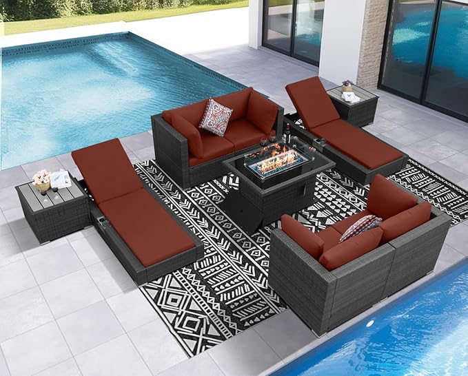 NICESOUL 9 Piece Patio Furniture Set with Firepit, Modern Outdoor Sectional Couch with Chaise Lounge, Comfy 29.3'' High-Back Backyard Seating, All-Weather Modular Sofa for Garden, Yard, Grey & Red
