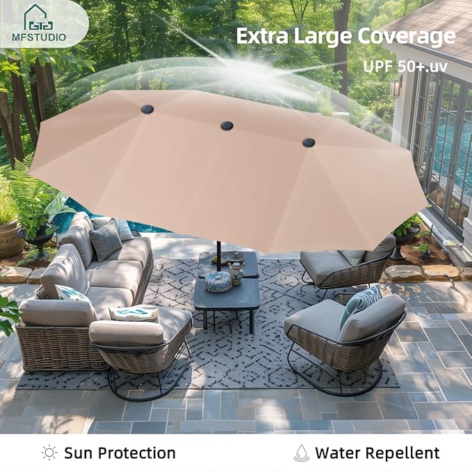 MFSTUDIO 13ft Outdoor Patio Umbrella, Double Sided Large Rectangular Umbrella Market Table Twin Triple Rectangle Umbrellas with Crank Handle for Outside Picnic Backyard Deck Pool (no base)