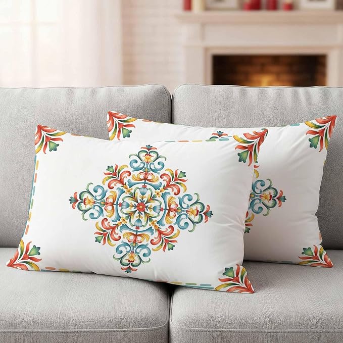 Geometric Flowers Outdoor Pillow Covers 20x12 Inch Lumbar Pillow Covers Set of 2 Waterproof Decorative Throw Pillow Cases Modern Abstract Colorful Floral Cushion Covers for Patio Furniture Garden