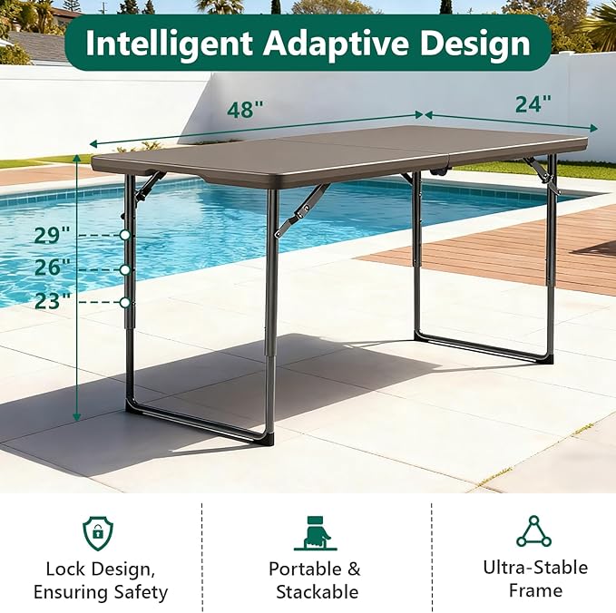 2 Pack Folding Table, 4FT Foldable Picnic Table with Adjustable Height, Heavy Duty Fold-in-Half Portable Table for Weddings, Camping, RV Travel, Parties, BBQs, Easy to Fold and Store, Khaki