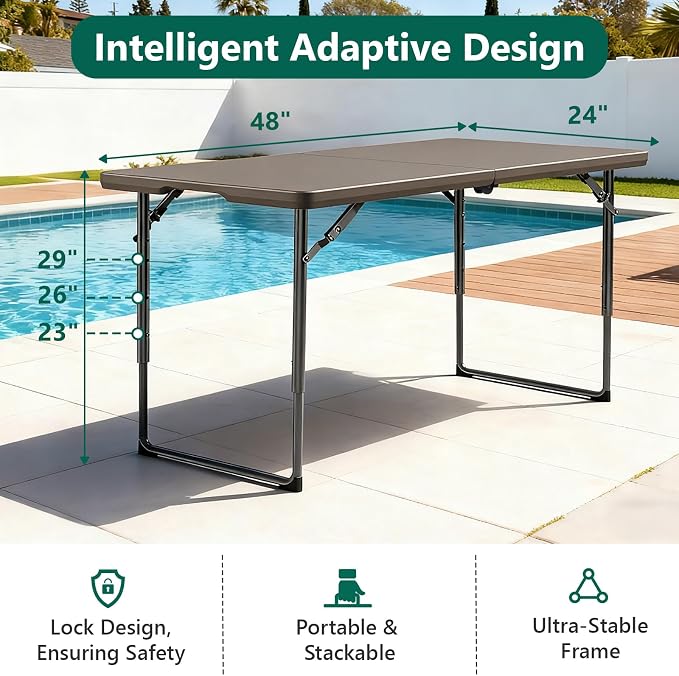 4ft Folding Table, Foldable Picnic Table Portable Table for Indoor Outdoor Use Heavy Duty Plastic Table Camping Table for Party, BBQ, Khaki
