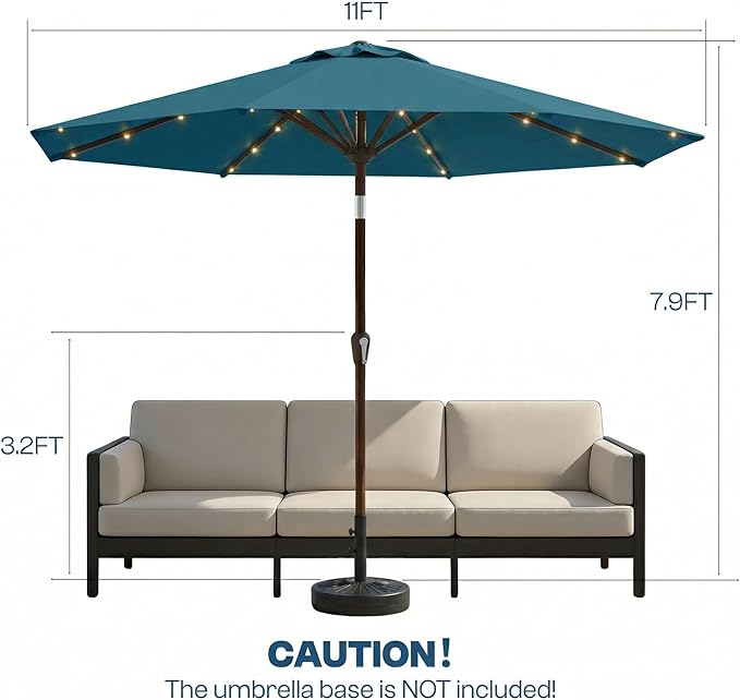 11FT Solar Patio Umbrella with Lights, Outdoor Table Market Umbrella with 32 LED Lights, 8 Sturdy Ribs, Smooth Crank Lift for Pool, Deck and Garden, UV-Resistant