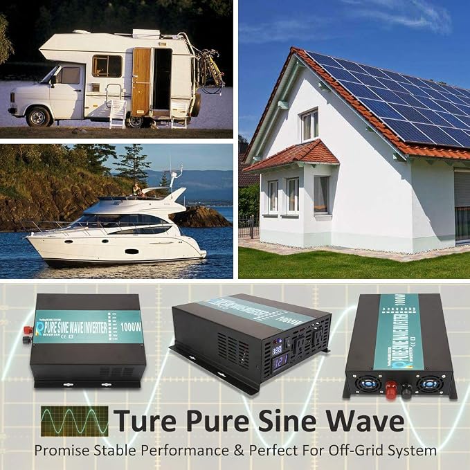 WZRELB Full Power 1000W Rated Power 2KW Surge Power 12V to 120V DC to AC Pure Sine Wave Inverter for Solar System and Off Grid Application Power Converter, (RBP100012B1)