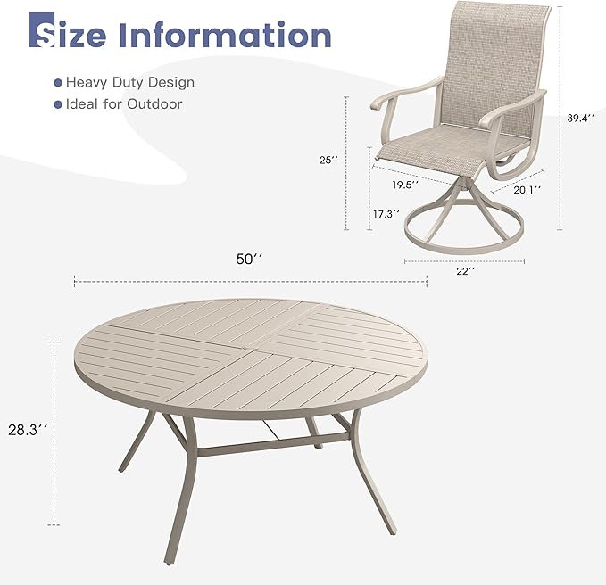 VICLLAX 7 Pieces Patio Dining Set, Patio Furniture Set of 6 Patio Swivel Dining Chairs and 50" Patio Spliced Round Tabletop, Sandshell Chairs & Sandshell Tabletop