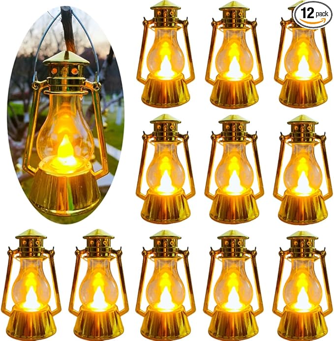 12 Pack Mini Lantern for Little Cowboy Centerpieces Tables Ideas Western Party Favor Decorations Wedding Decor Camping with 4inch Flickering LED Candle, Vintage Table Toppers Decorative
