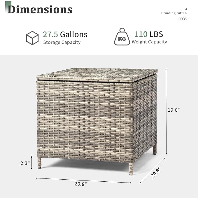 20.8in Outdoor PE Wicker Side Table,Square Patio Rattan End Table,Outside Storage Bin Container,All-Weather Small Storage Box Tables,with Lid,for Garden Porch Poolside Deck Backyard (Grey)