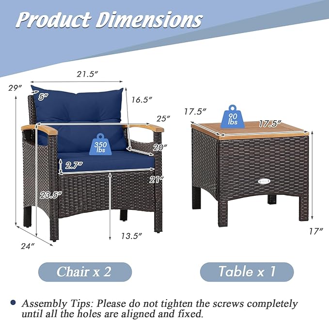 KOTEK 3 Piece Patio Furniture Set, Outdoor Conversation Set with Removable Cushions, Acacia Wood Tabletop and Armrests, PE Rattan Wicker Bistro Set for Porch, Balcony, Backyard (Navy)