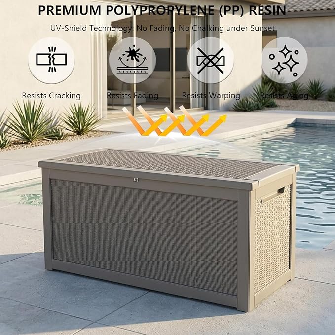 320 Gallon Outdoor Storage Box, Waterproof Resin Deck Box with Lockable Lid Large Storage Bin for Patio Furniture Cushion, Garden Tools, Pool Accessories UV-Resistant Outside Delivery, Gray