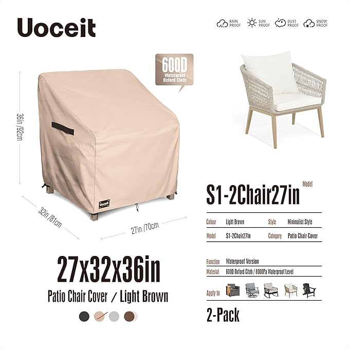 Outdoor Chair Covers 2 Pack,27"Wx32"Dx36"H inches100% Waterproof Heavy Duty Patio Furniture Cover ,Outdoor Furniture Covers Waterproof for Light Brown Minimalist Style Patio Chair Covers.
