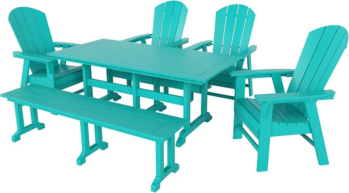 WestinTrends Malibu 6 Piece Adirondack Patio Dining Set with Bench, All Weather Poly Lumber Outdoor Table and Chairs, 71" Trestle Dining Table, 4 Adirondack Chair with Dining Bench, Turquoise