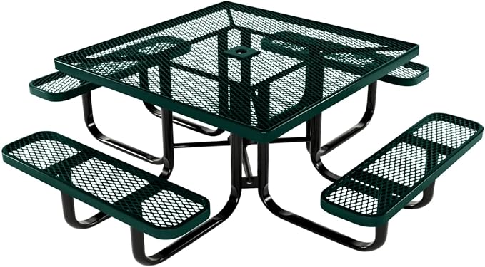 COATEDOUTDOORFURNITURE Heavy-Duty Portable Outdoor Kids Table with Umbrella Hole, Expanded Metal Kids Picnic Table, Commercial-Grade, Made in America (46 in, Square, Childrens, Textured Dark Green)