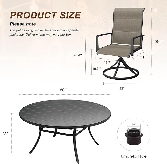 VICLLAX 9 Pieces Outdoor Dining Set, Patio Furniture Set Includes 60" Round Metal Table W/ 1.9" Umbrella Hole and 8 Padded Textilene Swivel Chairs for Porch, Lawn, Garden, Backyard