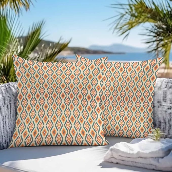 Throw Pillow Covers 24x24 Inch Set of 2, Orange Teal Geometric Waterproof Outdoor Pillow Covers, Southwest Ethnic Country Decorative Cushion Pillowcases for Couch, Sofa, Bed, Garden, Patio