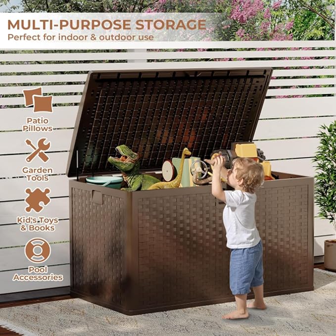 73 gal Brown Resin Deck Box, Outdoor Storage Box with Lockable Lid & Weatherproof Design, Extra Large Patio Storage Container for Garden Tools, Pool Toys, Furniture Cushions, Brown