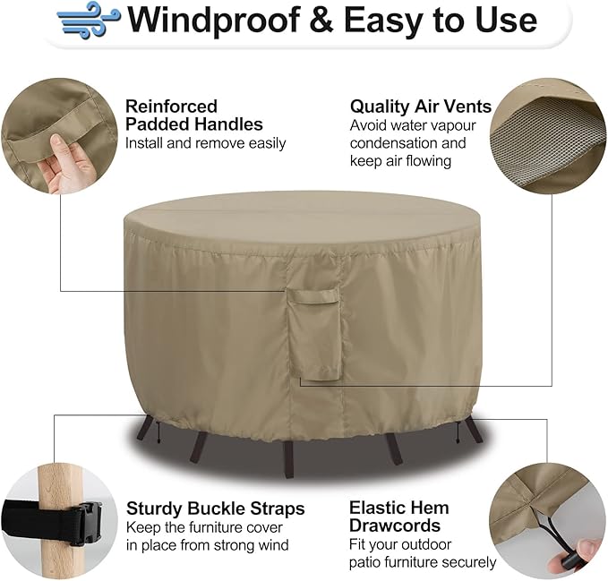 OutdoorLines Outdoor Waterproof Patio Table Furniture Set Covers - Round Couch Sectional Cover Outside Weatherproof Patio Furniture Covering for Deck, Lawn and Backyard 96" DIA x 28" H, Camel