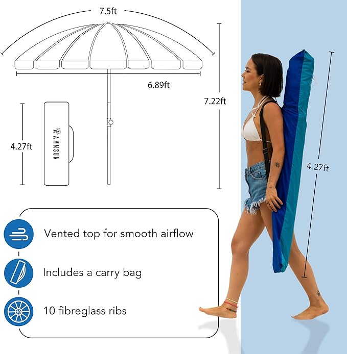 AMMSUN 7.5ft Heavy Duty HIGH Wind Beach Umbrella with sand anchor Vent Tilt Portable Sun Shelter, UV 50+ Protection Outdoor Sunshade Umbrellas Carry Bag for Patio Garden Pool Backyard Multicolor Blue