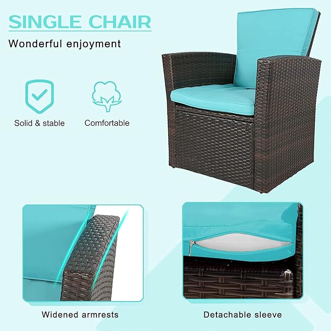 PayLessHere 4 Pieces Patio Conversation Set, Outdoor PE Rattan Wicker Sofa Furniture Set with Soft Cushions and Glass Coffee Table for Backyard Lawn Garden Balcony Porch Poolside (Blue)