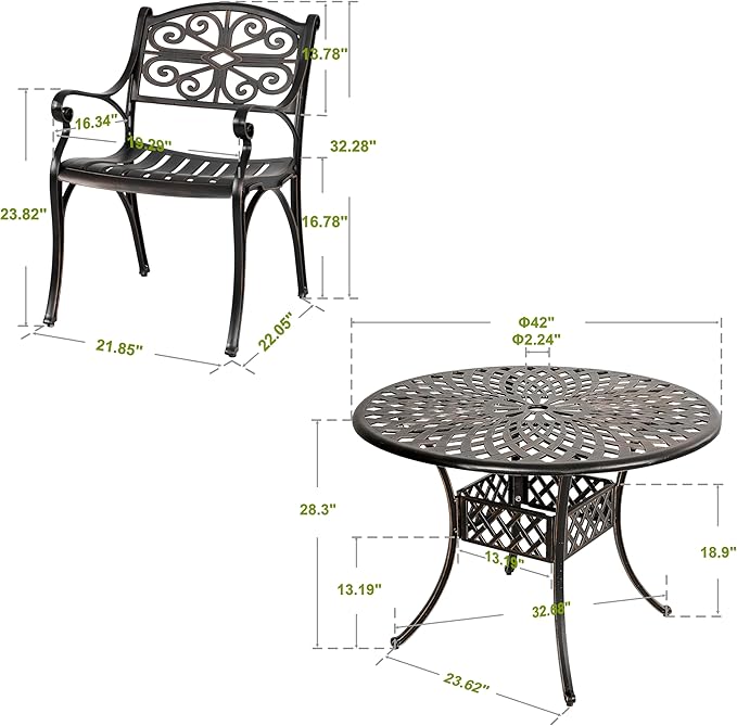 NUU GARDEN 5 Pieces Outdoor Patio Dining Set, 42" Round Cast Aluminum Dining Table with 2.24" Umbrella Hole and All-Weather 4 Outdoor Patio Dining Chairs for Patio, Garden, Backyard, Balcony, Bronze