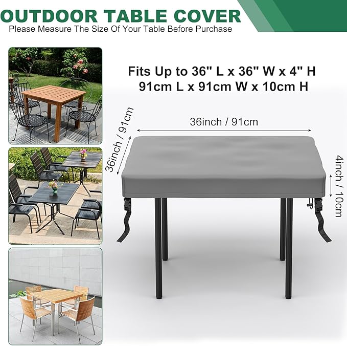 M METERXITY Square Patio Table Cover, 36"L x 36"W x 4"H Rectangular Table Cover for Outdoor Furniture, All-Weather/Waterproof/UV-Resistant, Patio Furniture Protector [Grey]