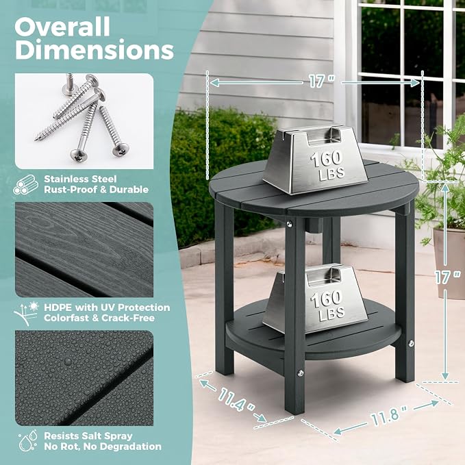 Outdoor Side Table, Adirondack Round 2-Tier Patio Table, Easy Maintenance & Weather Resistant, HDPE End Table for Backyard, Pool, Patio, Porch, Gray