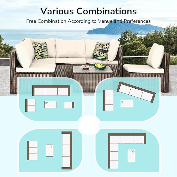 PayLessHere Patio Furniture Set 7 Pieces Outdoor Furniture Wicker Conversation Set Sectional Sofa and Coffee Table Wicker Patio Conversation Sets for Backyard Porch Balcony Poolside,Khaki Cushion