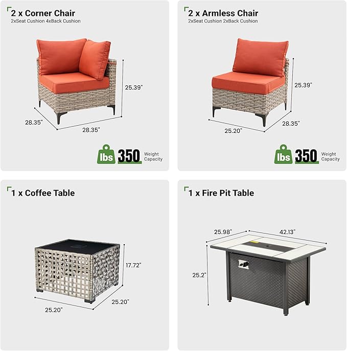 6 Pcs Patio Furniture with Fire Pit Table, Outdoor Rattan Wicker Conversation Set with Glowing Coffee Table, Comfy Sectional Sofa for Porch Balcony Backyard Pool, Orange