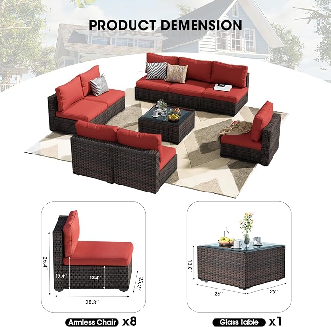 Patio Furniture Set 9 Piece All Weather PE Rattan Outdoor Sectional Sofa Couch with 8 x armless Sofa, No-Slip Cushions and Glass Top Table for Garden, Poolside, Backyard (Red)