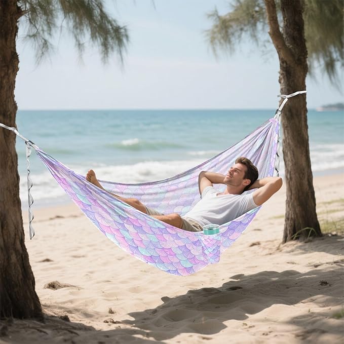 Camping Hammock Outdoor Hammocks for Outside Scale Rainbow Mermaid Beach Trees Portable Lightweight with Pockets Tree Straps Indoor