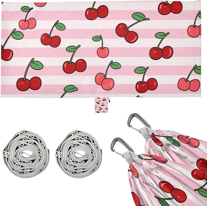 Pink White Striped Fruit Cherry 330lb Capacity Outdoor Hammocks with Hanging Rope Fabric Hammock for Outside Camping Essentials hamacas para adultos
