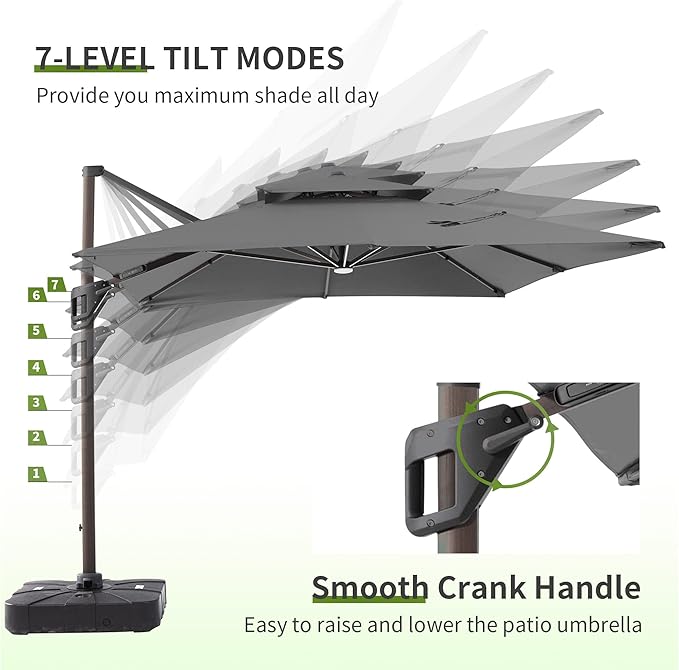 JZAC & QZYD 9x12 FT Outdoor Cantilever Patio Umbrella with Base Included and LED Lights, Large Heavy Duty 2-Tier Aluminum Offset Umbrellas with 360-Degree Rotation for Pool Deck, Grey
