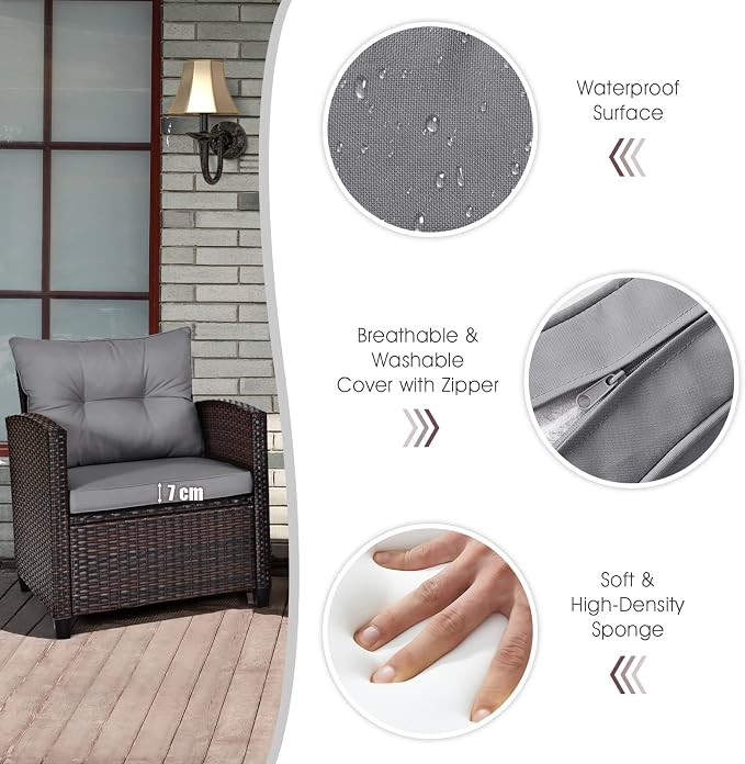 3-Pieces Patio Furniture Set, PE Wicker Chairs Sofa Set with Removable Cushions & Glass Top Side Table, Outdoor Wicker Rattan Conversation Chair for Porch,Backyard, Balcony (Grey)