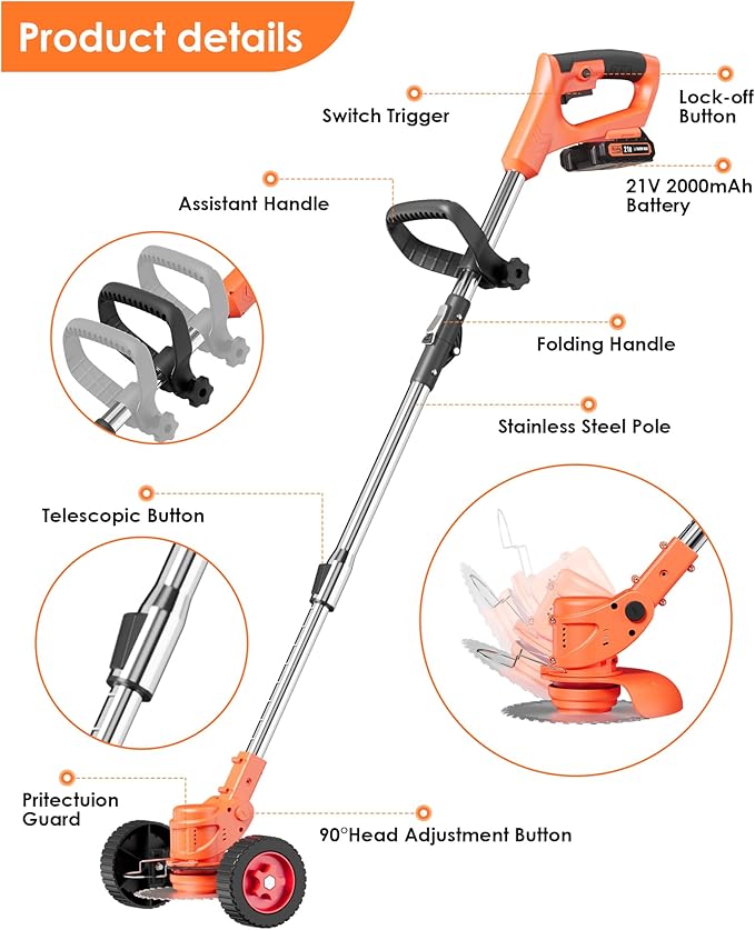 21V Cordless Weed Wacker, 2-in-1 Electric Weed Eater Battery Powered with Wheel and Blade, Stringless Grass Trimmer for Garden Yard, 90° Collapsible