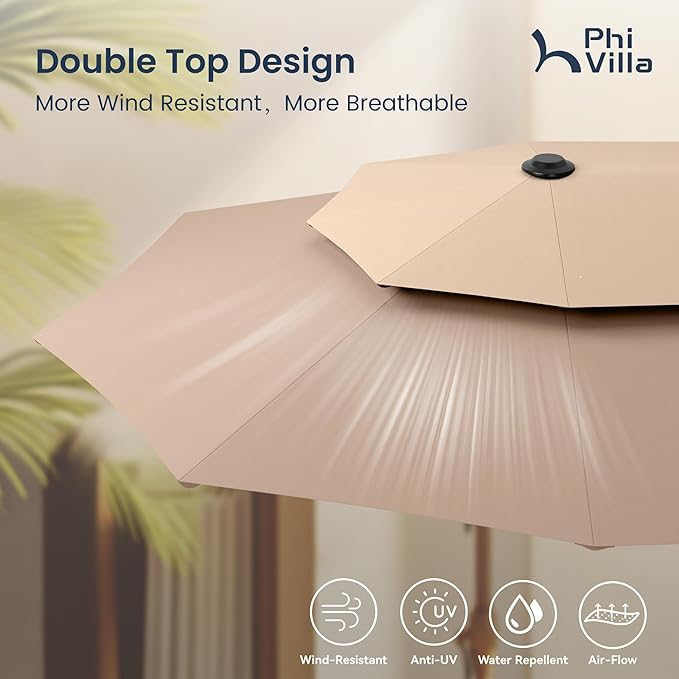 PHI VILLA 13ft Large Patio Umbrellas with Base Included, 2-Tier Double-Sided Outdoor Market Rectangle Umbrella for Outside, Beige&Tan