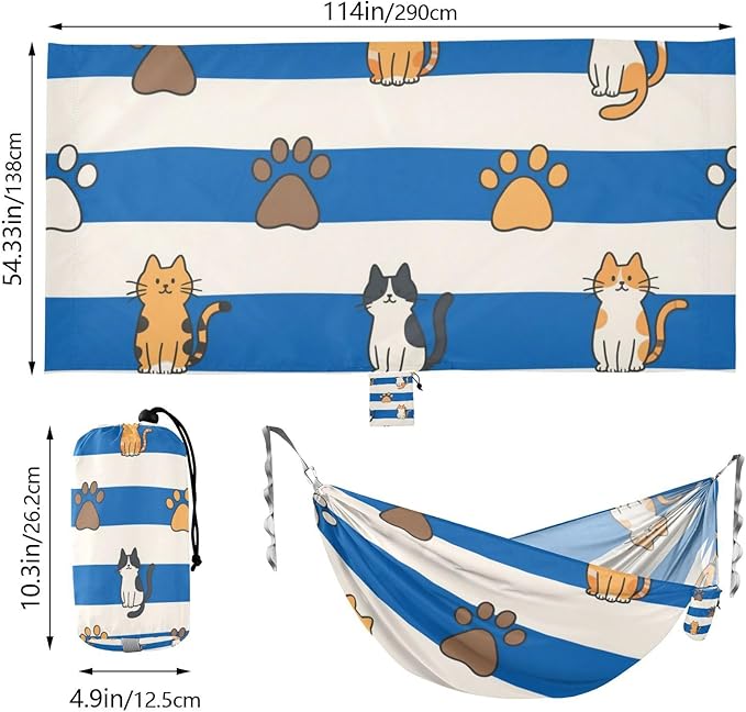Blue White Striped Cat Paw 330lb Capacity Camping Hammock with Hanging Rope Portable Hammock for Outside Camping Essentials Silla hamacas para adultos