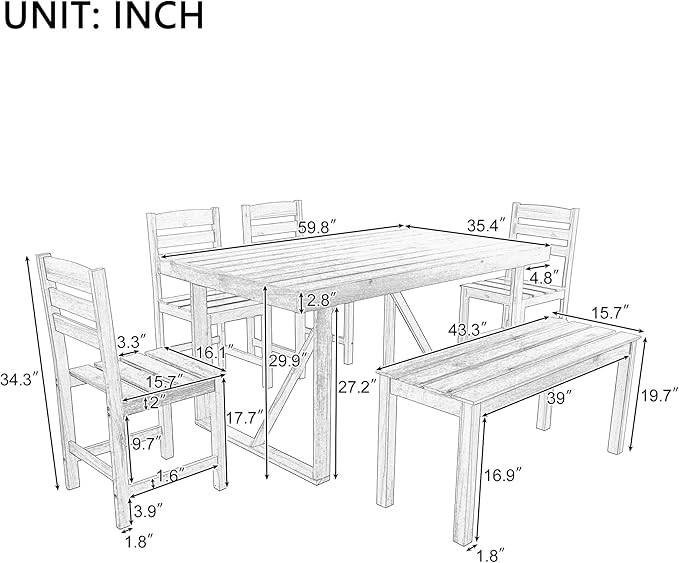 LUMISOL 6 Piece Patio Conversation Furniture Set, 6-Piece Outdoor Table Set with 4 Chairs and 1 Bench for 6 Persons, Acacia Wood Outdoor Table and Chair Set for Patio Balcony Backyard, Natural Wood