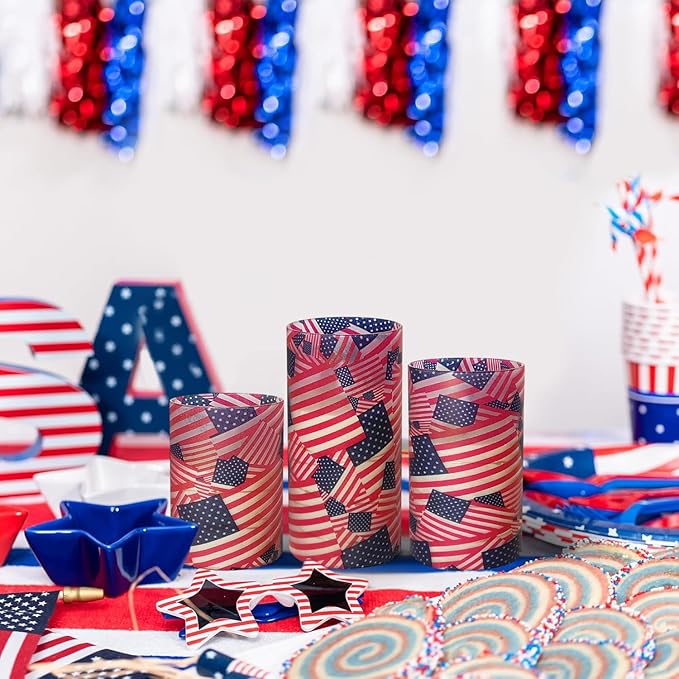 NJAO HOO Flickering Flameless Candles, LED Candles 3D Wick Acrylic Battery Operated LED Pillar Candles with Remote and Timer for Day 4th of July Decor Set of 3(American Flag)