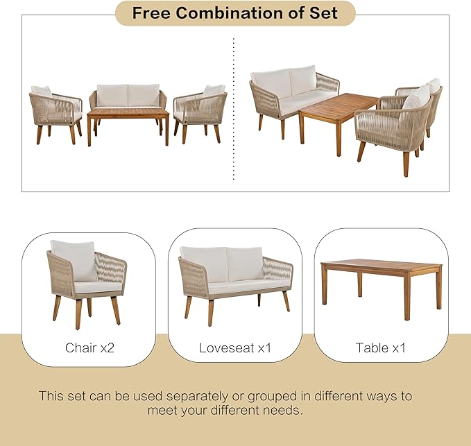 TREXM 4-Piece Patio Conversation Set, Solid Wood Loveseat, 2 Chairs and Table, Outdoor Conversation Group with Cushions for Backyard, Poolside, Garden (Beige Cushion + Natural Rope)