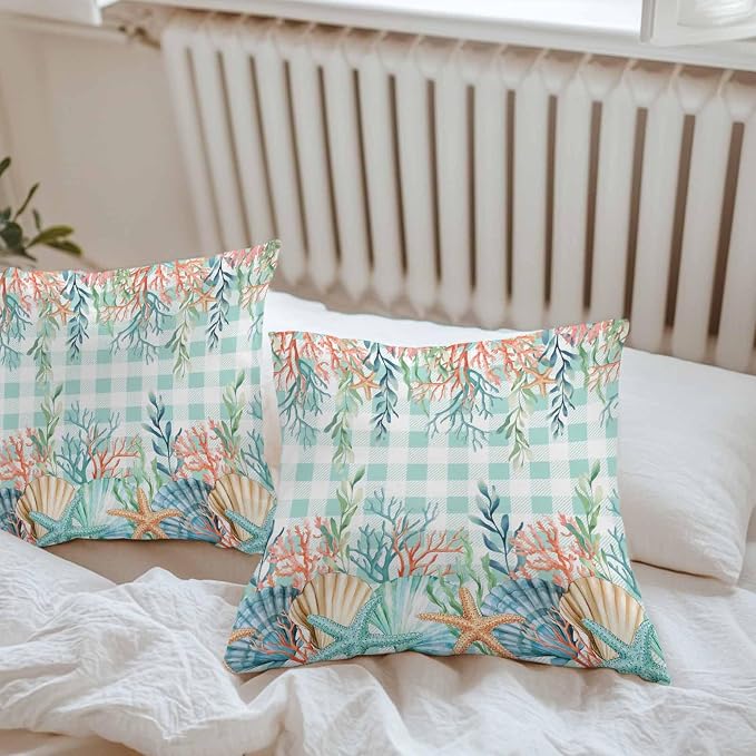 Throw Pillow Covers 24x24 Inch Set of 2, Summer Coastal Waterproof Outdoor Pillow Covers, Watercolor Corals Shells Starfish Green Plaid Decorative Cushion Pillowcases for Couch, Sofa, Bed, Patio