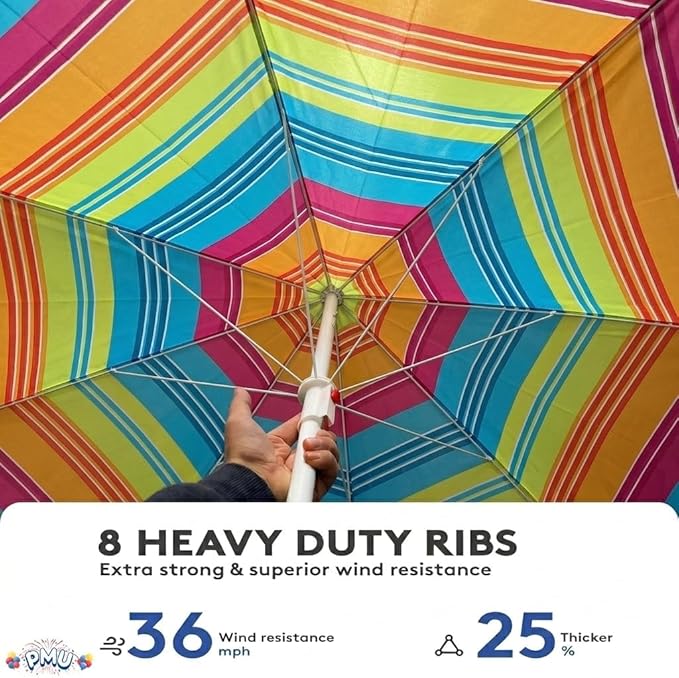 PMU 4 Pcs Set Beach Umbrella 72in Open – Tropical Flamingo Print & Rainbow Stripe, 160G Polyester Large Outdoor Patio Pool Parasol Umbrella for Garden, Deck, Backyard & Pool