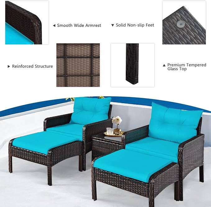 DORTALA 5 Pieces Patio Furniture Set, Outdoor Rattan Conversation Set with Cushions, Glass Table, Ottomans & Chairs, Wicker Sofa Set Backyard Garden Balcony, Turquoise