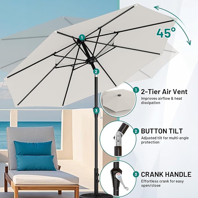 AreShark 10ft 2 Tiers Patio Umbrella - Outdoor Umbrella Waterproof UV Protection, Market Table Umbrella w/Push Button Tilt&Crank for Pool, Porch, Garden(Ivory)