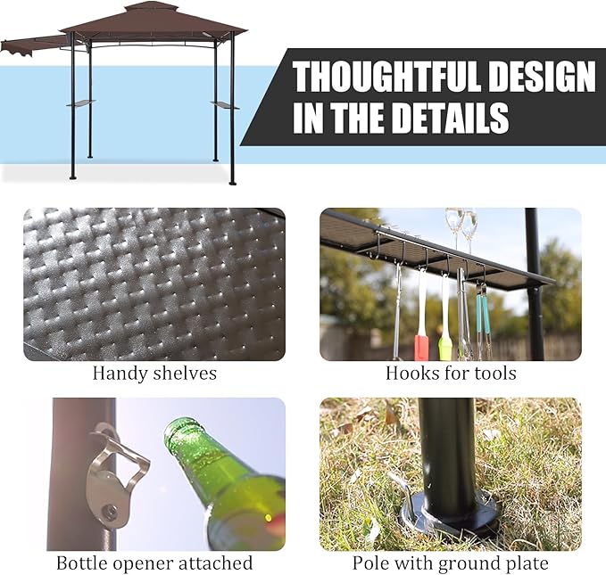 FAB BASED 5x8 Grill Gazebo with Extra Awning, All-Weather Steel Construction, Double Tiered & Resistant Canopy Roof, Metal Serving Shelves, 2 LED, Bottle Opener for Patio, Backyard, BBQ (Brown)