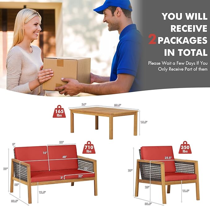 HAPPYGRILL 4 Pieces Patio Conversation Set Acacia Wood Furniture Set with Coffee Table, PE Rattan Wicker Sofa Set with Soft Cushions for Outdoor Garden Deck Poolside
