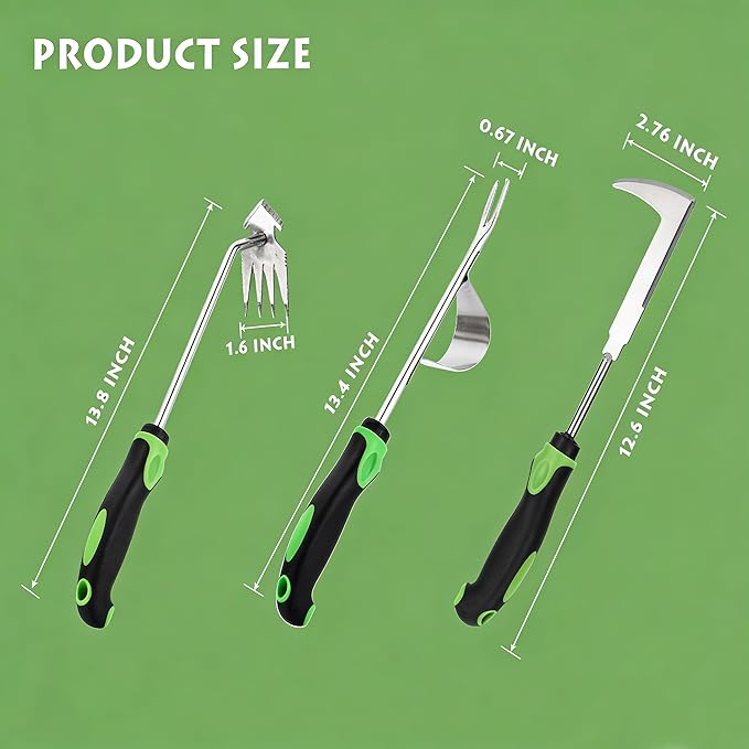3 Piece Weeding Tool Set, Stainless Steel Hand Weeder Kit with Rubber Handles, Crack Weeder, Weed Puller and Crevice Tool for Lawn, Flower Beds, Sidewalk Cracks, Patio and Between Pavers 02