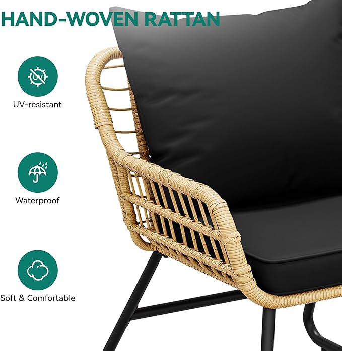YITAHOME 4-Piece Patio Furniture Wicker Outdoor Bistro Set, All-Weather Rattan Conversation Loveseat Chairs for Backyard, Balcony and Deck with Soft Cushions and Metal Table, Light Brown+Black